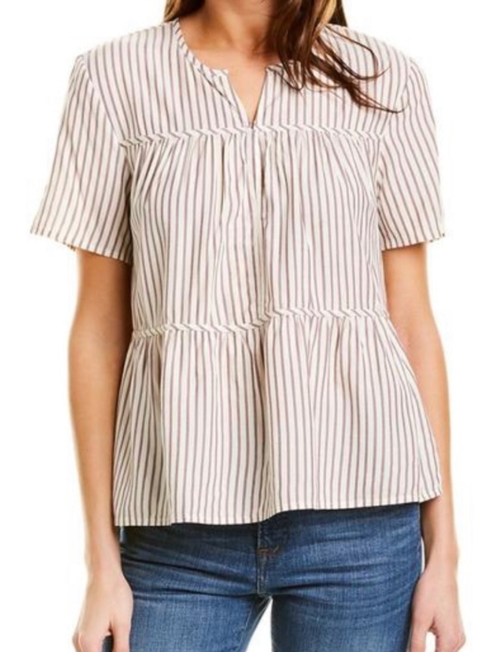 Madewell Cream and Mauve Striped Short-Sleeve Peplum Blouse